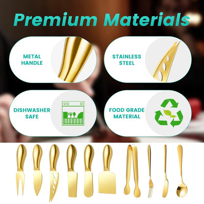 LifeMusican Gold Cheese Knife Set For Charcuterie Board Accessories, Stainless Steel Cheese Slicer And Butter Spreader knives Kit With Serving Tongs, Spoons, Forks, Flags Cheese Markers, Honey Dipper