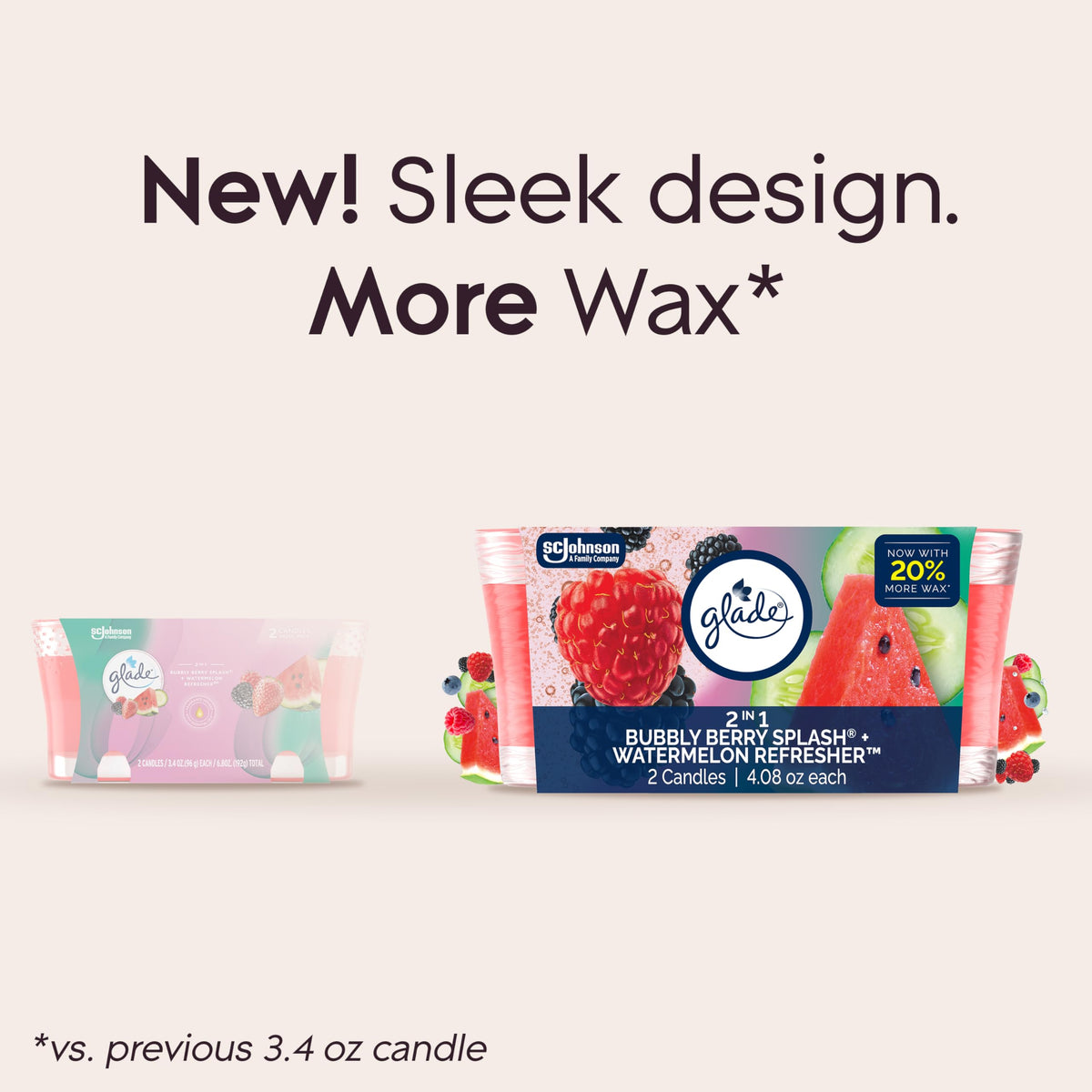 Glade 1-Wick 2in1 Scented Candle Jar, Bubbly Berry Splash & Watermelon Refresher, Air Freshener Infused with Essential Oils, 4.08 Oz, 2 Count