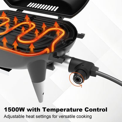 THERMORA Electric Grill Outdoor Grill, 1500W Power, 277 Sq.In Cooking Area, Removable Wheeled Cart Style, Indoor/Outdoor Eletric Grill, Nonstick Grill Grate, Built-In Thermometer BBQ Grill