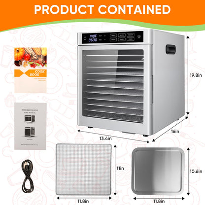 Commercial Food Dehydrator 12 Tray Stainless Steel with One-Touch Presets, 800W Professional Jerky Maker with Dual Fans, 360° Airflow, 86°F-185°F Digital Timer for Herbs, Fruits, Dog Treats