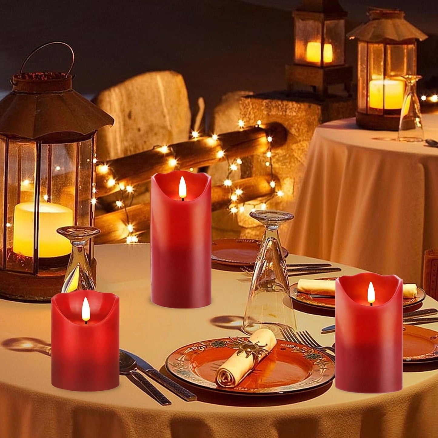 HEIOKEY 3 Pack Red Flickering Flameless Candle Set, Battery Operated Candles with 10-Key Remote Control, Electric Pillar Candle with Timer, Dancing Flames Real Wax Fake Candle for Festive Celebrations