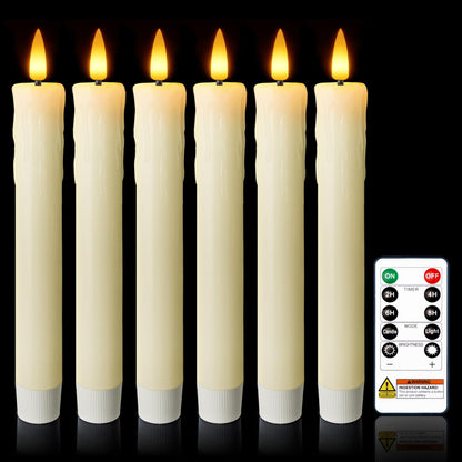 Meigic 7 Inches Dripless Flameless Taper Candles with Remote Timer Dimmer, Real Wax Battery Candlesticks, 3D Flame Fake Candlesticks for Home Wedding Christmas Decor, Ivory, 6 Pcs