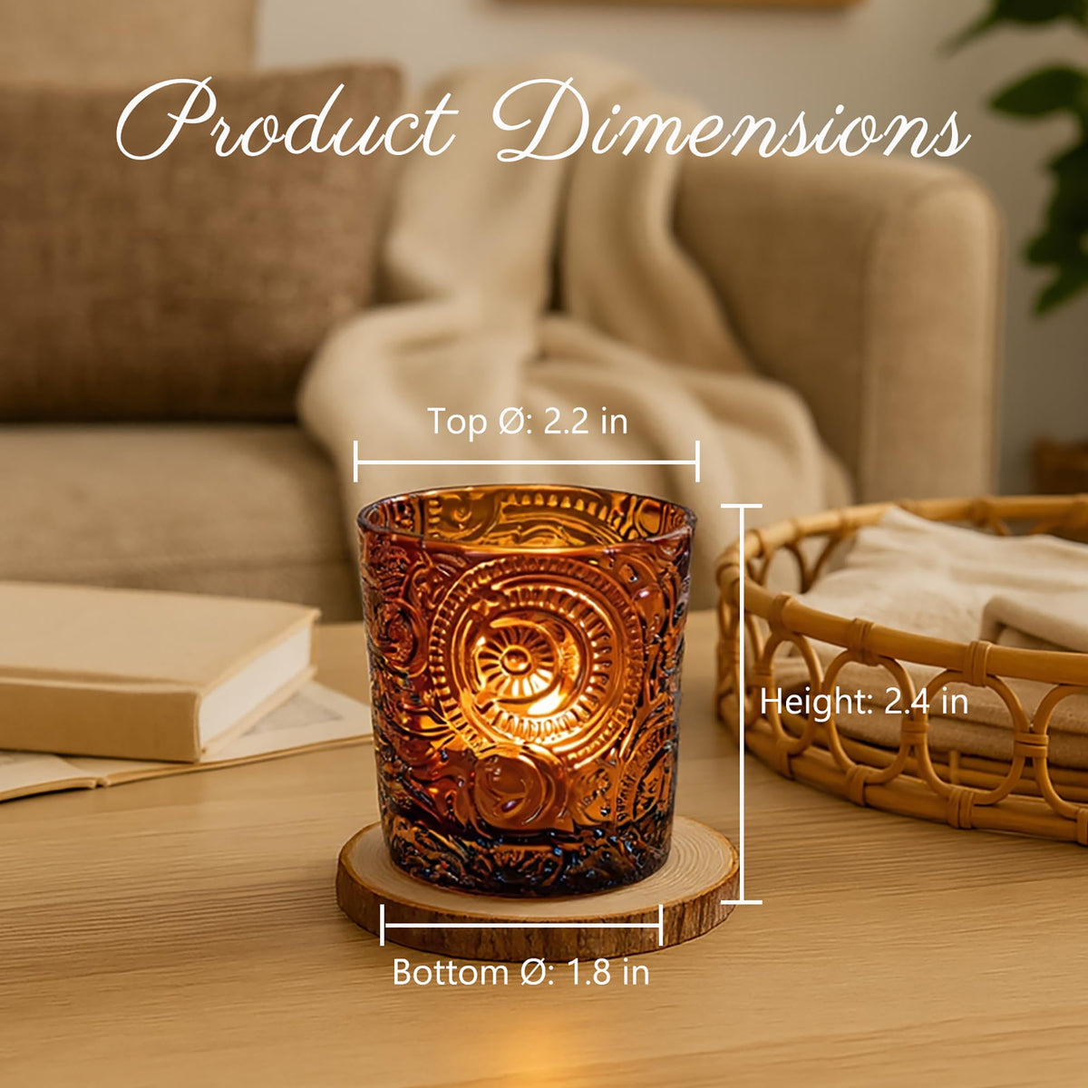 6 Pack Sun Moon Star Embossed Glass Tea Light Candle Holders - Votive Candle Holders for Wedding, Party, Home Decor, and Table Centerpieces (Chestnut Brown)