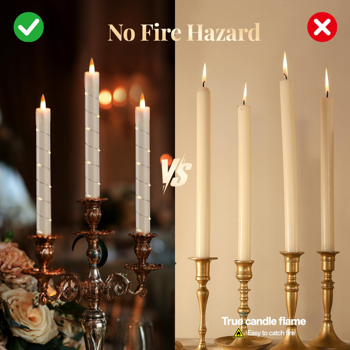 Rlojru 3pcs Flameless Taper Candle with Remote, Battery Powered, Timer, 3 Ivory ABS Candlesticks, 11 Mini Surround String Lights, 9.4 Inch LED Candles for Wedding, Birthday Party, Prom, Home Decor