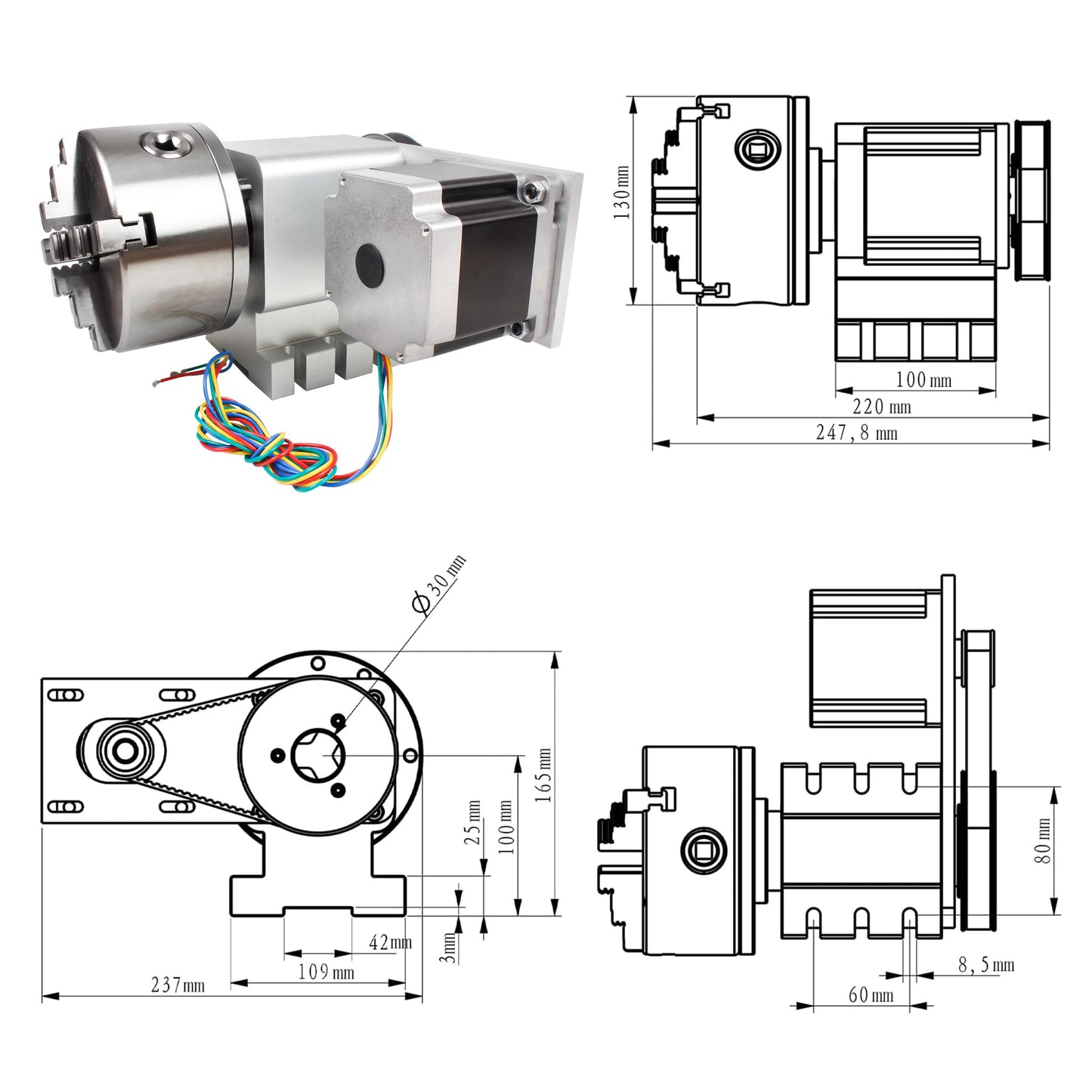 RATTMMOTOR K12-130mm CNC Router Table Rotary Milling Machine Rotational Axis A 4th Axis Through Hole 30MM, 4 Jaw Chuck Dividing Head Reducing Ratio 4:1, Nema34 Stepper Motor