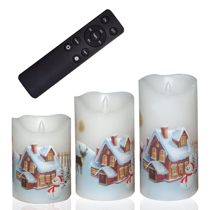 CANDLE CHOICE Christmas Flameless Candles with Remote Timer Real Wax Realistic Flickering Battery Operated Electric LED Pillars with Decals Reindeer Snowman Xmas Tree for Holiday Decorations 3 Pack