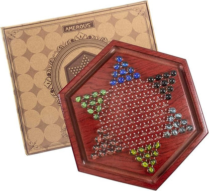 AMEROUS 13.6 inches Wooden Chinese Checkers Board Game Set with 60 Colorful Glass Marbles Classic Strategy Game for Kids Adults Whole Family Play (Up to Six Players)