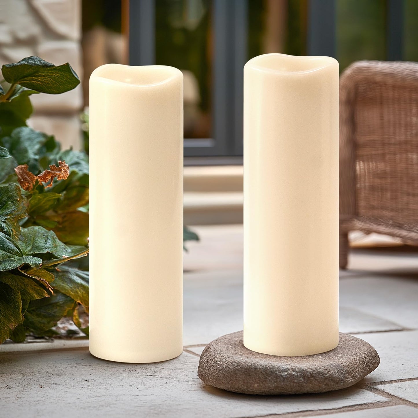 Yongmao 4" x 14" Large Waterproof Outdoor Flameless Candles Battery Operated LED Flickering Pillar Candles with Remote and Timer for Indoor Outdoor Lanterns, Off White, Long Lasting, Set of 2