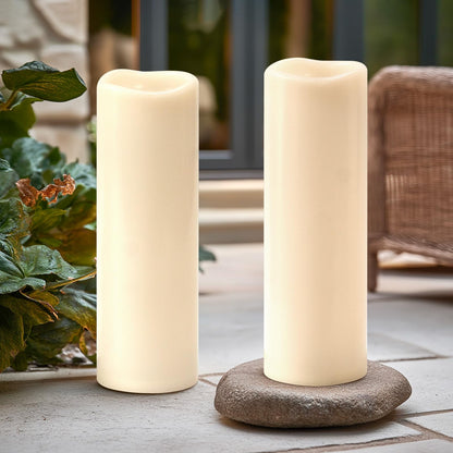 Yongmao 4" x 14" Large Waterproof Outdoor Flameless Candles Battery Operated LED Flickering Pillar Candles with Remote and Timer for Indoor Outdoor Lanterns, Off White, Long Lasting, Set of 2