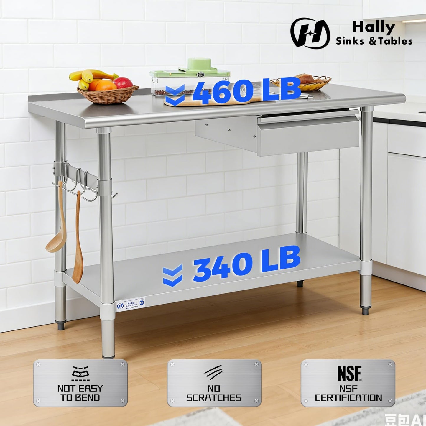 Hally Stainless Steel Prep Table 24 x 48 Inch with Backsplash, NSF Certified Commercial Work Table with Drawer, Removable Stainless Steel Pan, Undershelf and Side Hook for Restaurant, Home, Garage