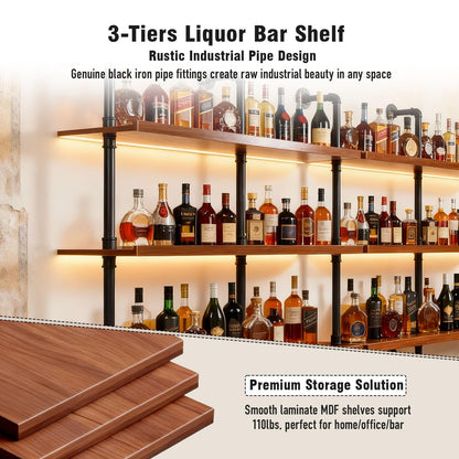 55" Modern Wall Mounted Wine Rack with LED Lights, 3-Tiers Industrial Pipe Liquor Floating Shelves, Rustic Metal Wall Wine Rack for Home, Restaurant, Commercial Bar, Kitchen Storage Display