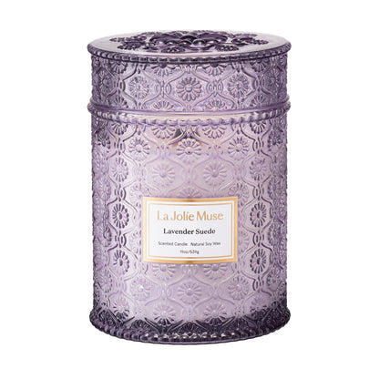 LA JOLIE MUSE Lavender Suede Scented Candle for Home |19 oz Non Toxic Soy Wax | Large Purple Jar Candle | Aromatherapy Candles | Luxury Gifts for Women & Men