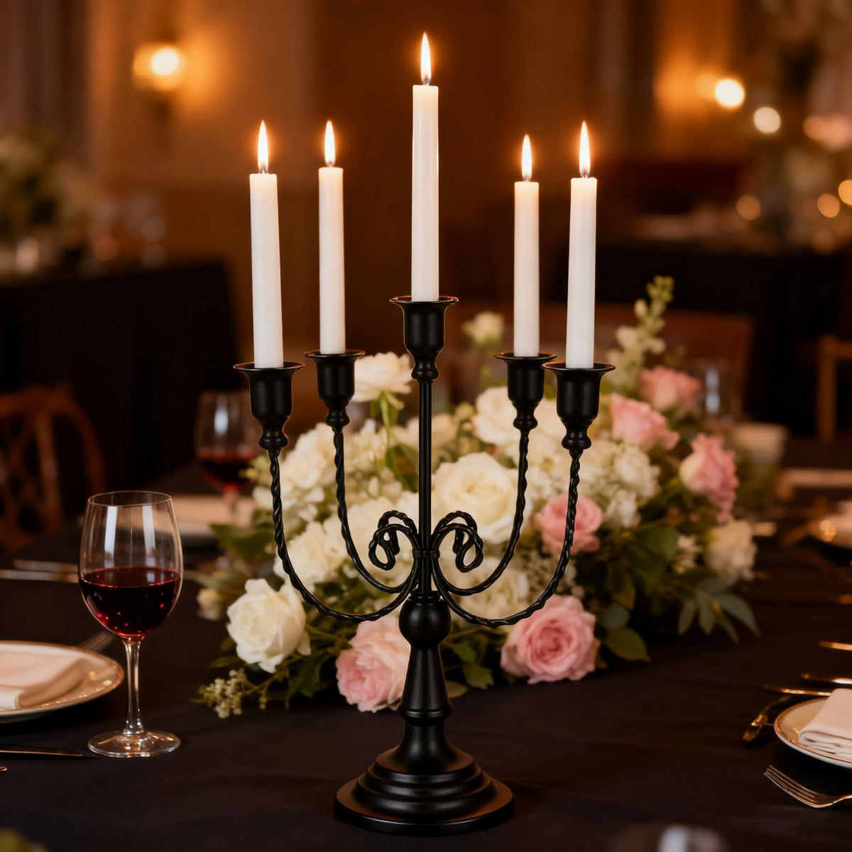 5 Arms Metal Candelabra Gold Candle Holder Modern Decorative Centerpiece Candlestick Holders for Table Wedding Halloween Christmas Party (1, Black)