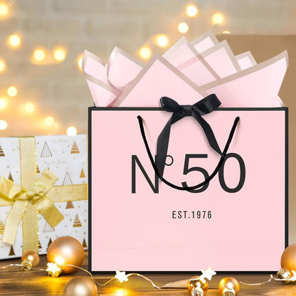 QLSKO 13" Birthday Gift Bag with Card Envelope Sticker Bow Ribbon and Tissue papers for Women Girls Design with Handles,13th-100th (EST.1976 50th, 13" W x 10.5" H x 4.3" D)