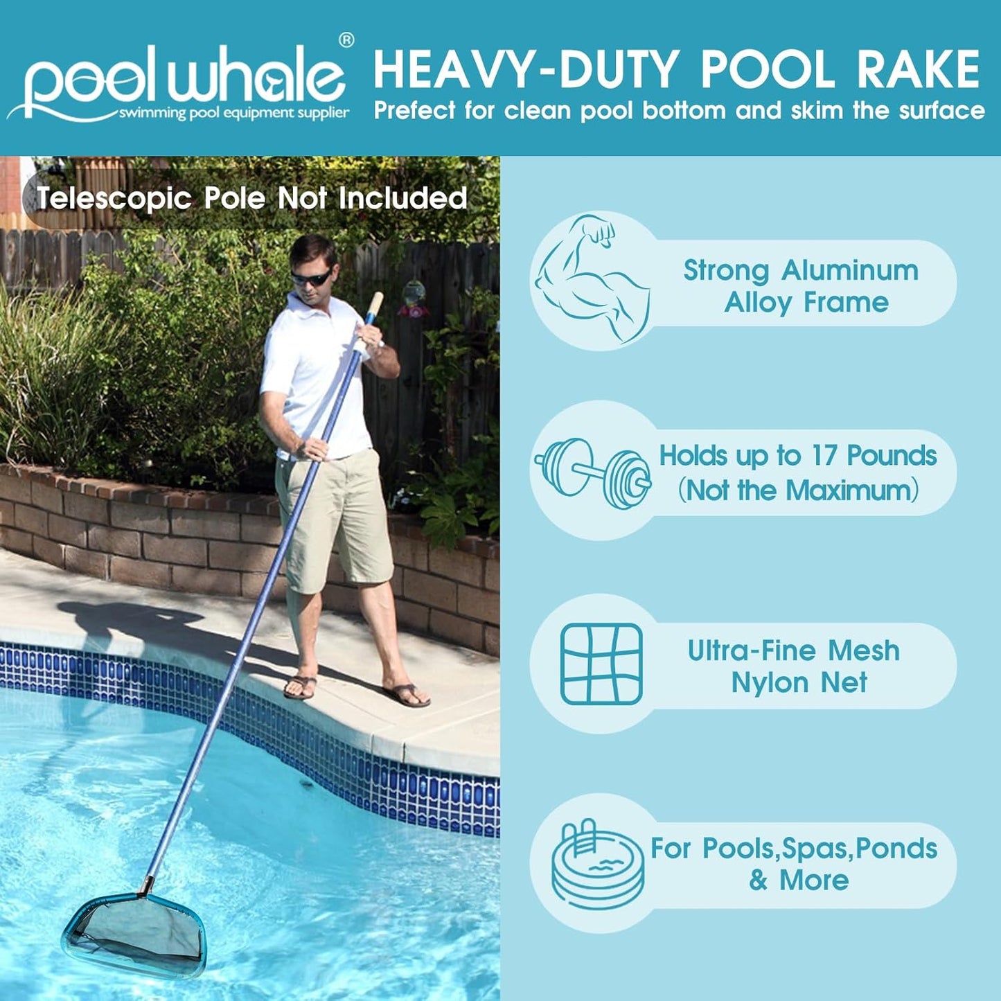POOLWHALE Pool Skimmer Net - Aluminum Frame with Ultra Fine Nylon Mesh for Effective Leaf & Debris Removal
