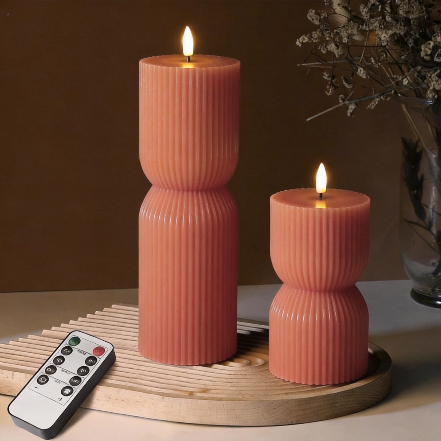 MokaZii Flickering Flameless Ribbed Flameless Pillar Candles with Remote, LED Candles Battery Operated Flickering Real Wax Set of 2 (Orange)