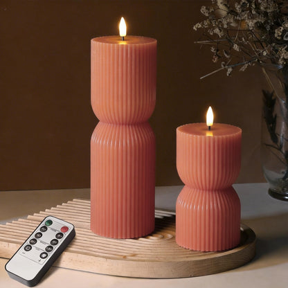 MokaZii Flickering Flameless Ribbed Flameless Pillar Candles with Remote, LED Candles Battery Operated Flickering Real Wax Set of 2 (Orange)