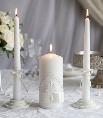 Magik Life Unity Candle Set - Wedding Ceremony & Reception – 6” Pillar & Two 10” Taper Candles – Long Burning Unity Candles for Marriage Ritual – Handmade in USA – White | Satin
