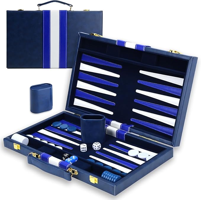 Large Backgammon Sets for Adults - Classic Board Games for 2 Players Adults and Kids - Premium Backgammon Set 15 inch Board and 30 Backgammon Pieces in Quality PU Leather Case - Gift for Man (Blue)