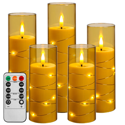 5 Pack Champagne Transparent Acrylic Flameless Taper Candles, Flickering Black Wick LED Candles with Surrounding Fairy String Lights, Heat Resistant ABS Candles with Remote for Indoor Outdoor Decor