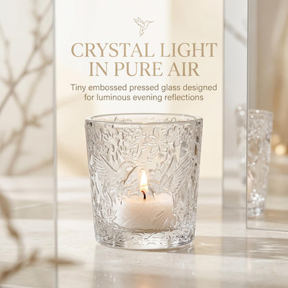 6 Pack Hummingbird Embossed Glass Candle Holders Votive Tealight Holders with Patent Design, Decorative Cups for Wedding Centerpieces, Parties, and Home Decor (Crystal Clear)