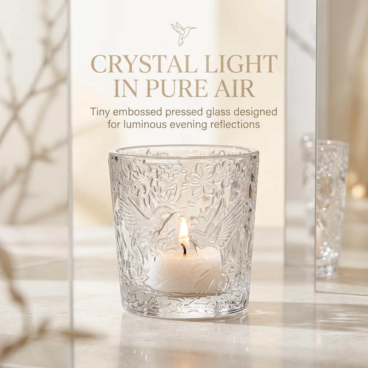 12 Pack Hummingbird Embossed Glass Candle Holders – Votive Tealight Holders with Patent Design, Decorative Embossed Glass Cups for Wedding Centerpieces, Parties, and Home Décor (Crystal Clear)
