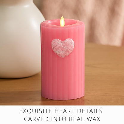 Luminara Flickering Flameless 3.7" x 6.5" Pillar Candle, Battery Operated Remote Ready (Sold Separately) & Timer Function, LED Light, Ribbed Real Pink Wax w/Embossed Heart Design for Valentine's Day