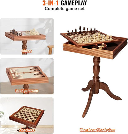 VEVOR 3-in-1 Chess Checkers Backgammon Table Set 18 Inch Premium Wooden Chess Table Deluxe Combo Game Table Furniture Set Chess Set Board Game Gift for Family Board Games