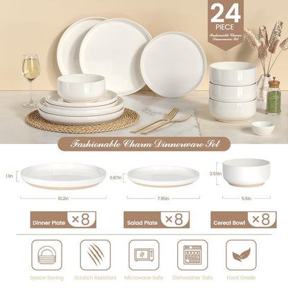 Plates and Bowls Sets, Scratch Resistant Dinnerware Sets for 8, 24 Pieces Porcelain Ceramic Dishware Dishes Set, Modern Stoneware Kitchen Dinner Set, Microwave and Dishwasher Safe, Cream White