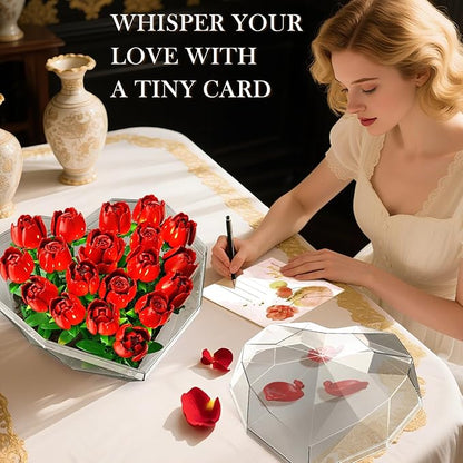 Flower Bouquet Building Set with LED Lights - 19 Rose Red Botanical Collection Block Toy with Heart Shaped Cover for Adult Her Lover Wife Women Girls 8-12+