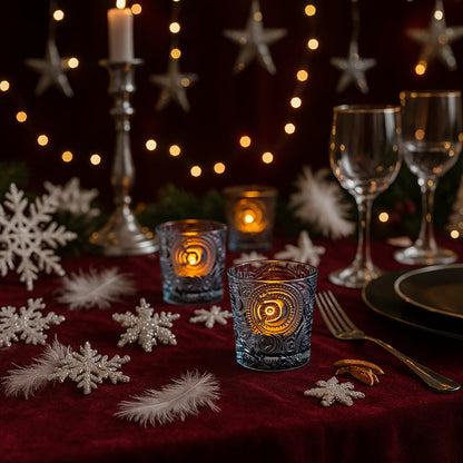 6 Pack Sun Moon Star Embossed Glass Tea Light Candle Holders - Votive Candle Holders for Wedding, Party, Home Decor, and Table Centerpieces (Gray)