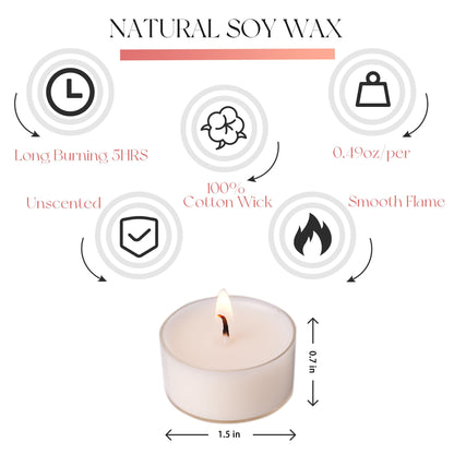 MUUFAZA 12 Unscented Natural Soy Tealight Candles in Clear Cups, 5H Long Clean Burning, Hand-Poured White Mini Tea Candle Set for Parties, Spa, Meditation, Gift, Holiday, Emergency, Home Decor