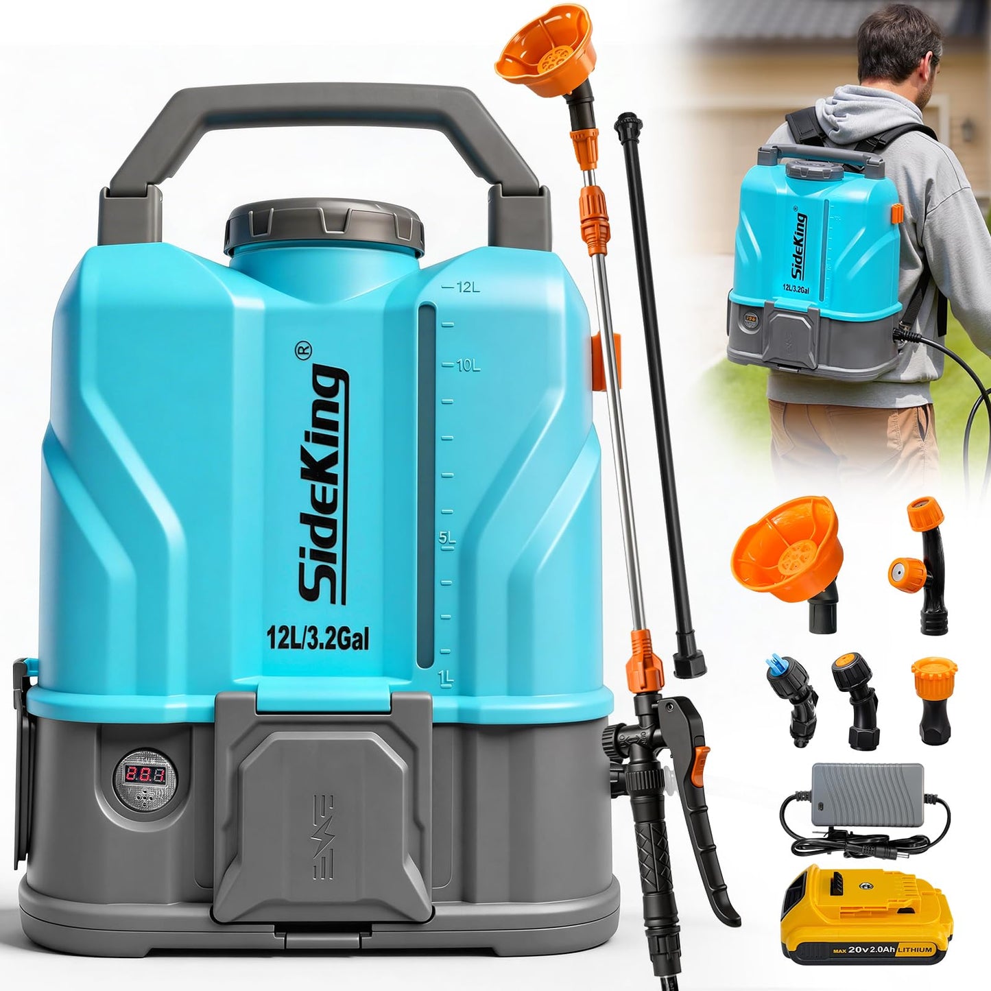 SideKing 3.2 Gallon Battery Powered Backpack Sprayer, 100 PSI Powerful Electric Sprayer Compatible with DeWalt 20V Battery, Max 0.9 GPM, 5 Nozzles & 2 Spray Wands for Lawn, Yard, Weed & Pest Control