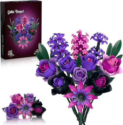 Purple Rose Flowers Bouquet Building Set - Valentines Decor Compatible with Lego Flowers for Adults Women - Gothic Home Office Table Centerpiece Decor Halloween Christmas Valentine's Gift