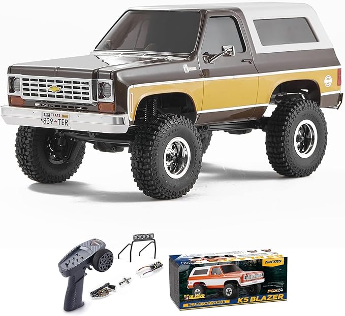 FCX24 FMS 1/24 K5 Chevy Blazer RC Crawler Officially Licensed Mini RC Car Pick Up Truck &amp SUV 2 in 1 4WD 8km/h 2 Speeds Switch Off-Road RC Model with LED Lights for Adults (Brown)