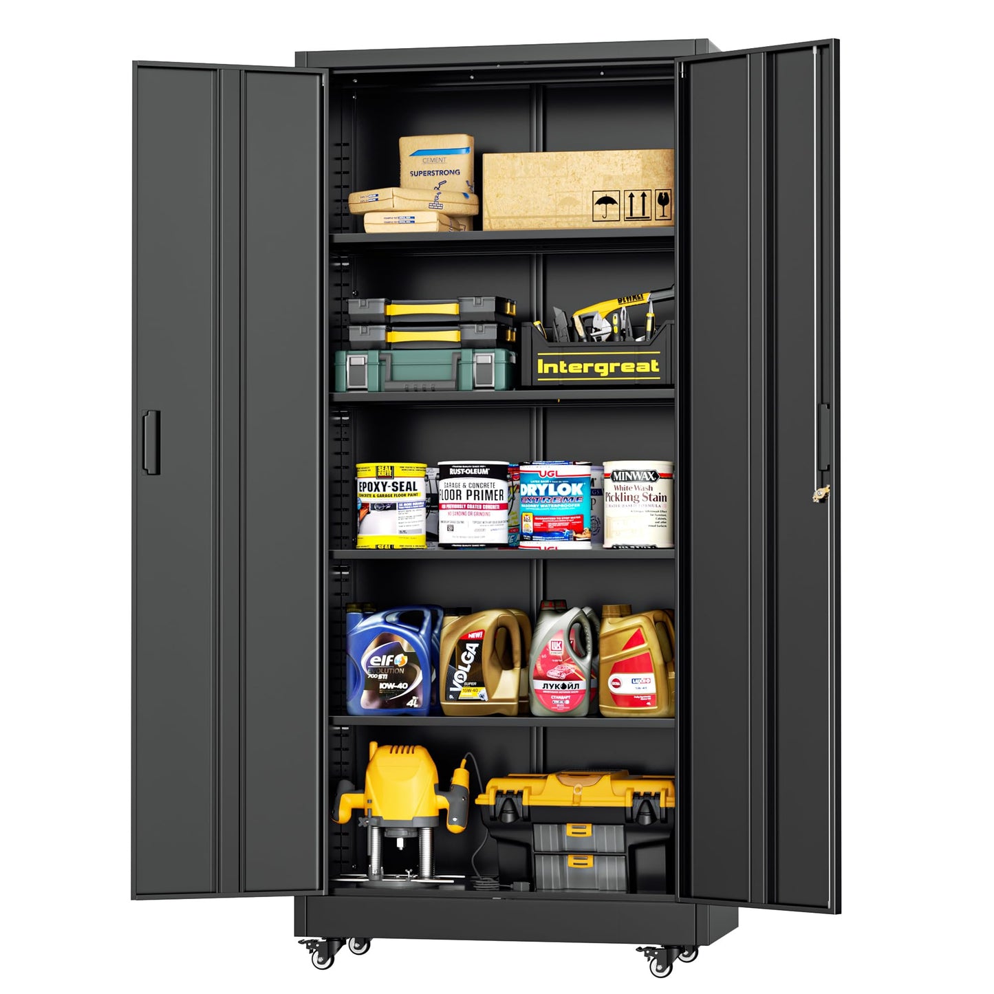 INTERGREAT Metal Storage Cabinet with Wheels, 73" H Rolling Metal Cabinets with Doors and Shelves, Black Steel Lockable Cabinet on Wheels for Garage Storage
