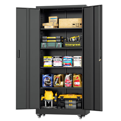 INTERGREAT Metal Storage Cabinet with Wheels, 73" H Rolling Metal Cabinets with Doors and Shelves, Black Steel Lockable Cabinet on Wheels for Garage Storage