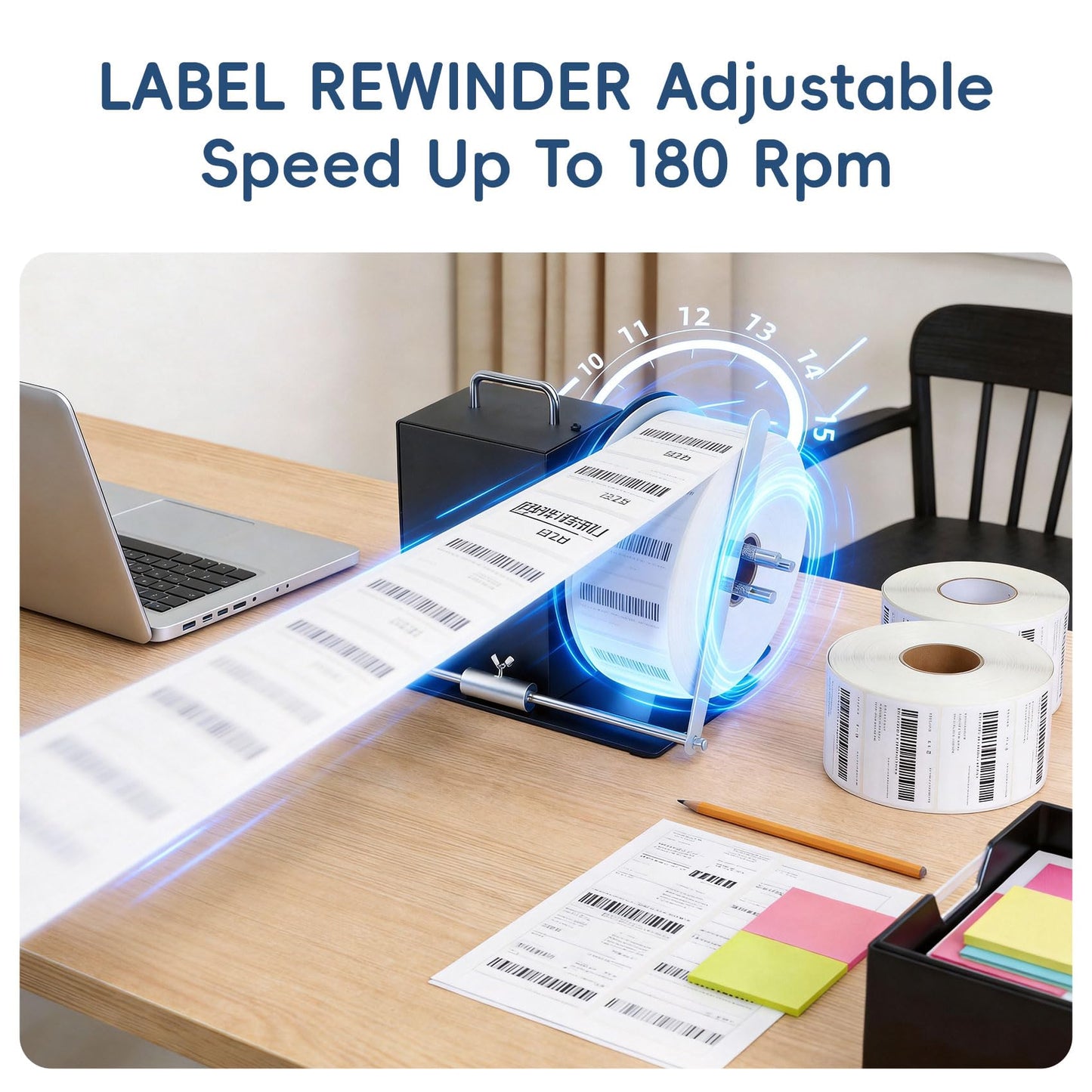 Automatic Label Rewinder Machine, Label Rewinder for 1"/1.5"/3" Core, Adjustable Speed Sync with Printer, Max Label Diameter 7.28" Width 4.72" and 2 Way Winding Direction