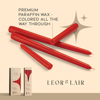 Leor & Lair Red Taper Candles - 4 Pack 10" Christmas Candlesticks - Unscented Long Burning Red Candles for Valentine’s Day, Christmas, Dinner Table, Weddings, Restaurants & Business Events