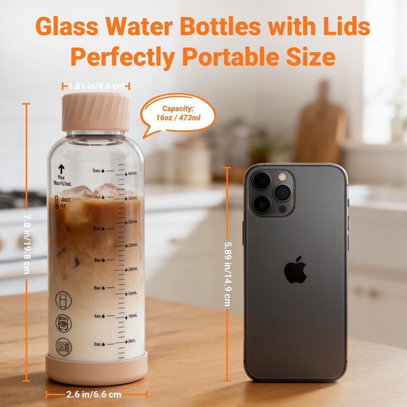 Luxfuel Glass Juice Bottles with Lids 16oz, 6 Pack – Borosilicate Glass Bottles for Juicing, Smoothies, Water & Beverage Storage, Stainless Steel Lids, Reusable, Leakproof, Heat-Resistant, BPA-Free