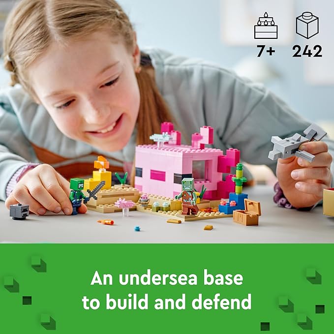 LEGO Minecraft The Axolotl House 21247 Building Toy Set Creative Adventures at a Colorful Underwater Base Includes a Diver Explorer Dolphin Drowned and More Minecraft Toy for 7 Year Old Kids