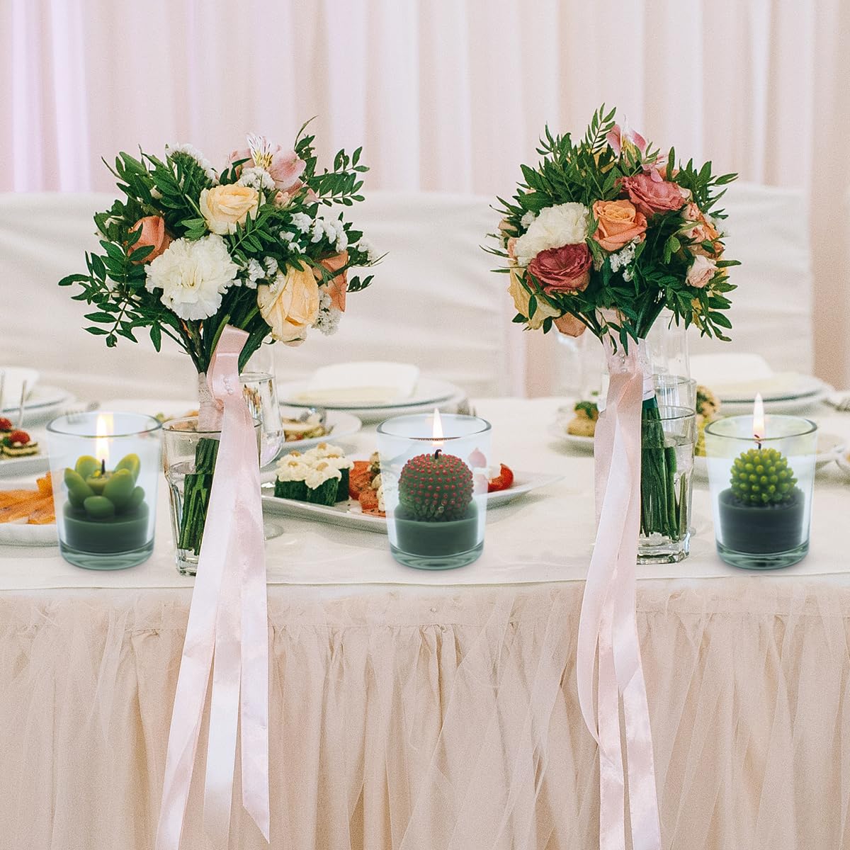 12 Pcs Decorative Succulent Cactus Tealight Candle Set - Handmade Mini Glass Holders, Decorative Votive Candles for House-Warming Party Wedding Baby-Shower and Home Decoration Gifts
