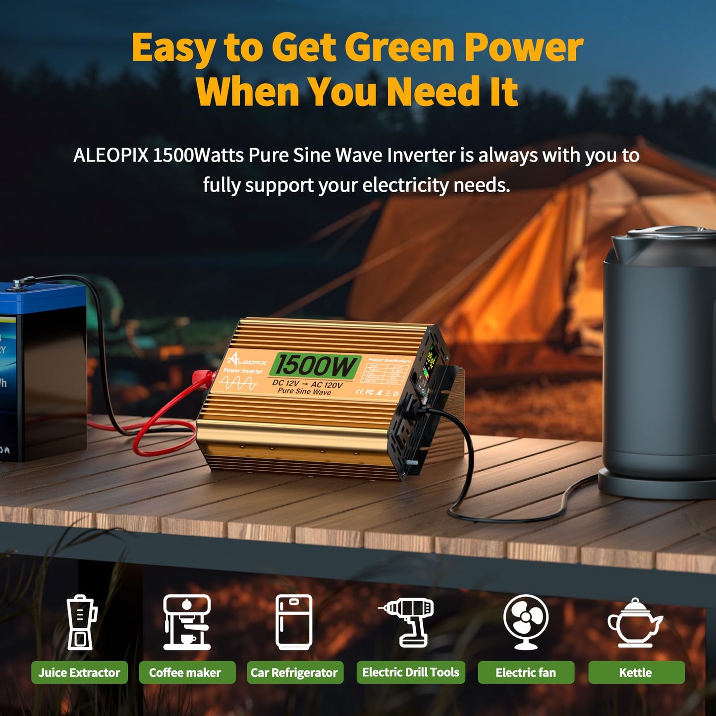 1500 Watt Inverter 12V DC to 110V/120V AC, Pure Sine Wave Inverter for Truck/RV/Home/Solar/Off-Grid, Surge 3000W Pure Sine Power with 2 AC Sockets, 5V 3.4A USB, Digital Display, Remote Controller