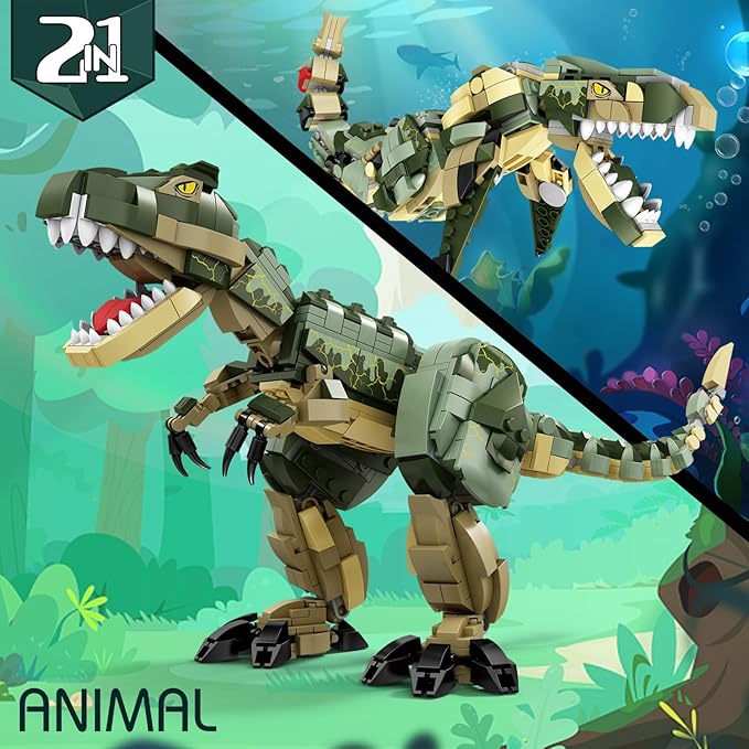 KAZI Dinosaur Toy Building Set for Kids2 in 1 Dino Toys for Boys Ages 8+2 Building Options - T Rex to Mosasaur Dinosaur FiguresGift Idea for BirthdayEaster Basket Stuffers