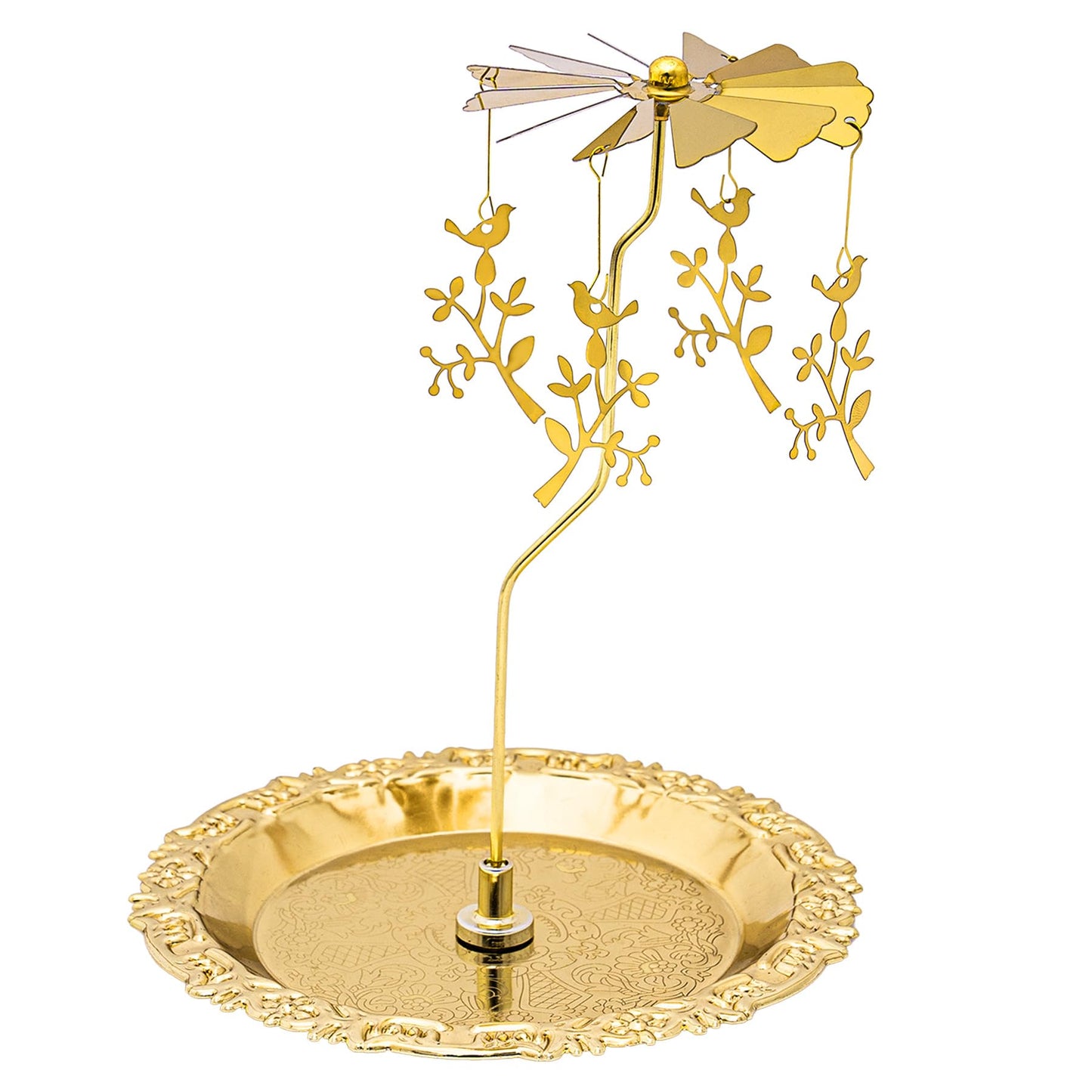 Rancco Spinning Candle Holder with Tray, Gold Candle Carousel, Heat-Powered Metal Candlestick Holders for Table Centerpiece, Wedding, Christmas, Valentine's Day, Party Decor (Bird on a Branch)
