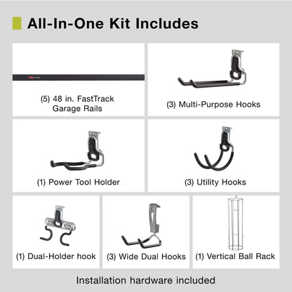 Rubbermaid 20-Piece FastTrack Garage Wall-Mounted Storage Kit 5 Rails and 15 Hooks for Home/House/Tool/Sports/Utility Purposes