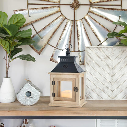 NEEDOMO 13" Farmhouse Decor Wooden Candle Lantern Indoor, Large Table Centerpiece Lanterns Decorative Outdoor, Hanging Rustic Candle Holders for Shelf Wedding Living Room Patio