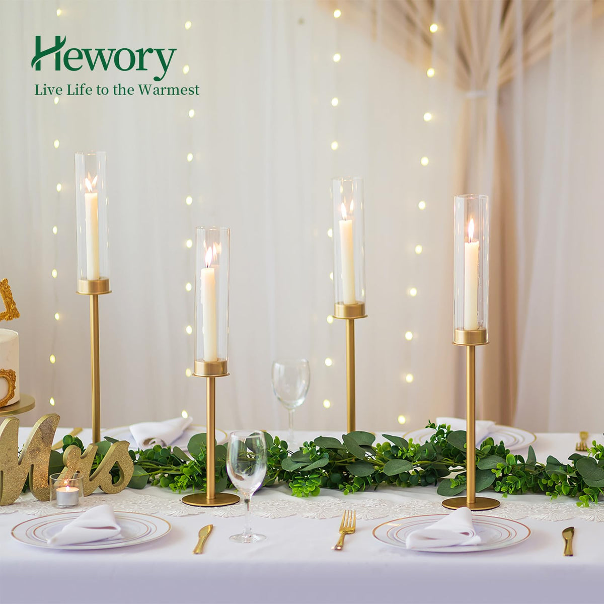 Hewory Gold Tall Hurricane Candlestick Holders: 12Pcs Brass Taper Candle Holder Candelabra Centerpieces, Candle Stick Holders with Candle Cover for Wedding Dinner Christmas Decor