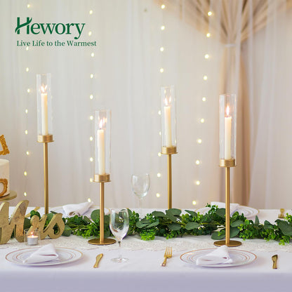 Hewory Gold Tall Hurricane Candlestick Holders: 12Pcs Brass Taper Candle Holder Candelabra Centerpieces, Candle Stick Holders with Candle Cover for Wedding Dinner Christmas Decor