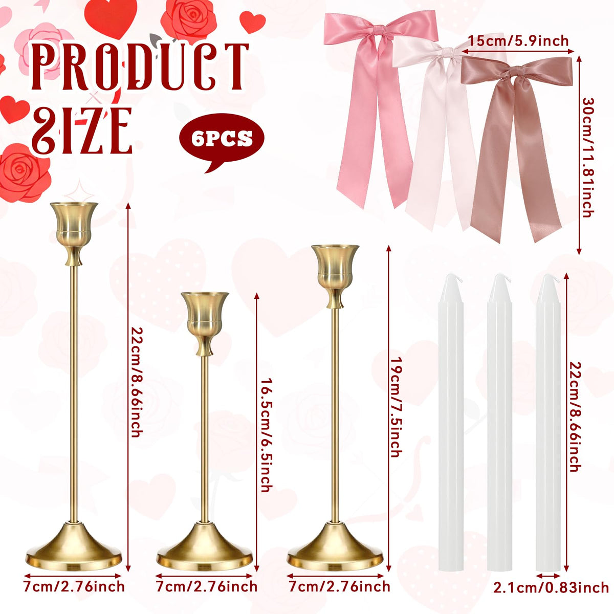 JarThenaAMCS 6Pcs Candle Stick Holders with Candles Satin Ribbon Bows Gold Metal Taper Candle Holders for Bride Shower Wedding Party Fireplace Table Centerpiece Decor